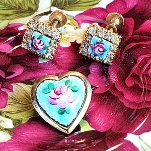 Vintage Guilloche Enamel Pink Rose Flower Earrings Brooch Lot Vargas Rose Blue